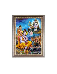 Lord Rama Worship Shiv With Laxman & Hanuman In Rameswaram Photo Frame - 14x18 Inches, Brown Wooden Frame for Home, Office & Temple Decoration