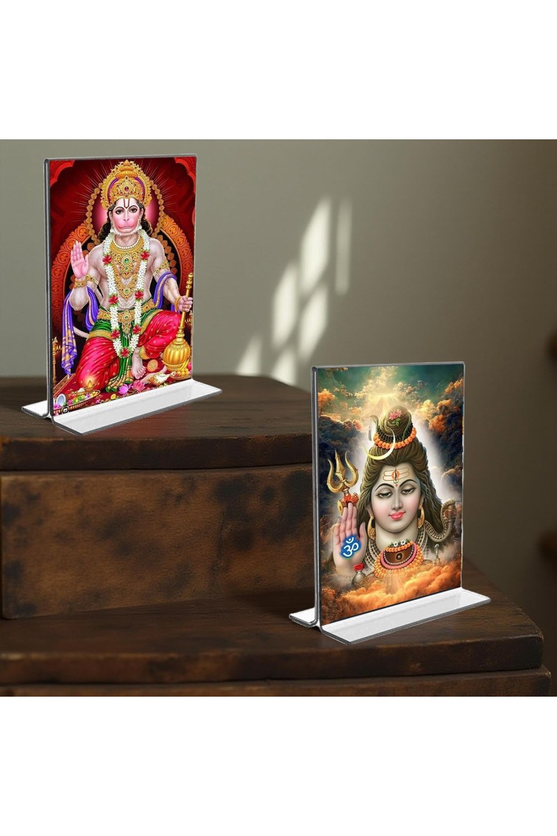 Lord Shiva & Sri Hanuman Acrylic T-Style Photo Stand, Compact and Stylish Spiritual Display, easily change 2 photos (Pack of 1)