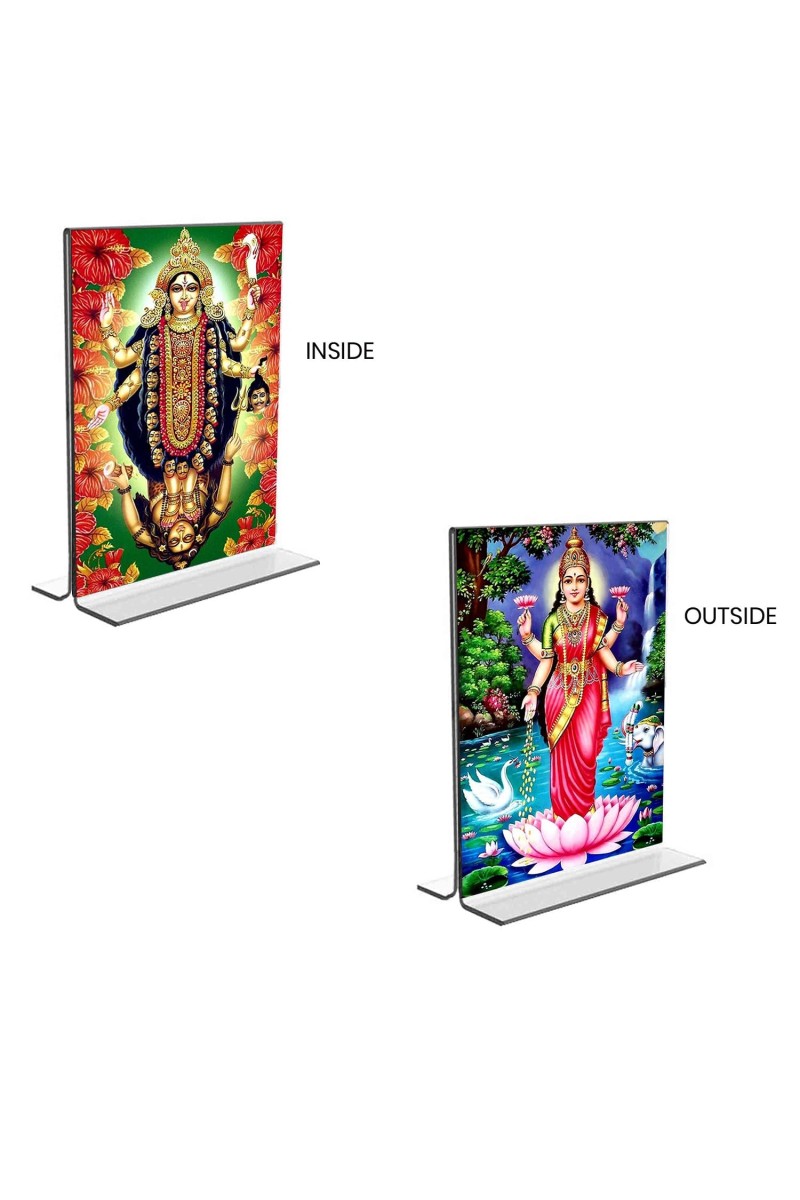 Car Desk/Table Top Maa Kali & Maa Lakshmi Acrylic T-Style Photo Stand - 2.5x3.5 Inches, Compact and Stylish Spiritual Display, easily change 2 photos (Pack of 1)