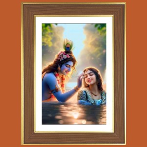 Radha Krishna Photo Frame - 12x16 Inches, Brown Wooden Frame for Home, Office & Temple Decoration