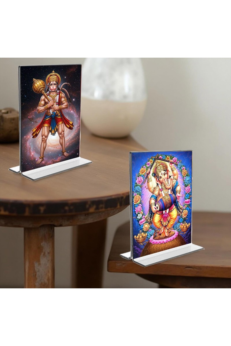 Sri Hanuman & Lord Ganesh Acrylic T-Style Photo Stand - 7x9 Inches, Compact and Stylish Spiritual Display, easily change 2 photos (Pack of 1)