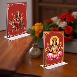 Car Desk/Table Top Maa Lakshmi & Maa Durga Acrylic T-Style Photo Stand - 2.5x3.5 Inches, Compact and Stylish Spiritual Display, easily change 2 photos (Pack of 1)