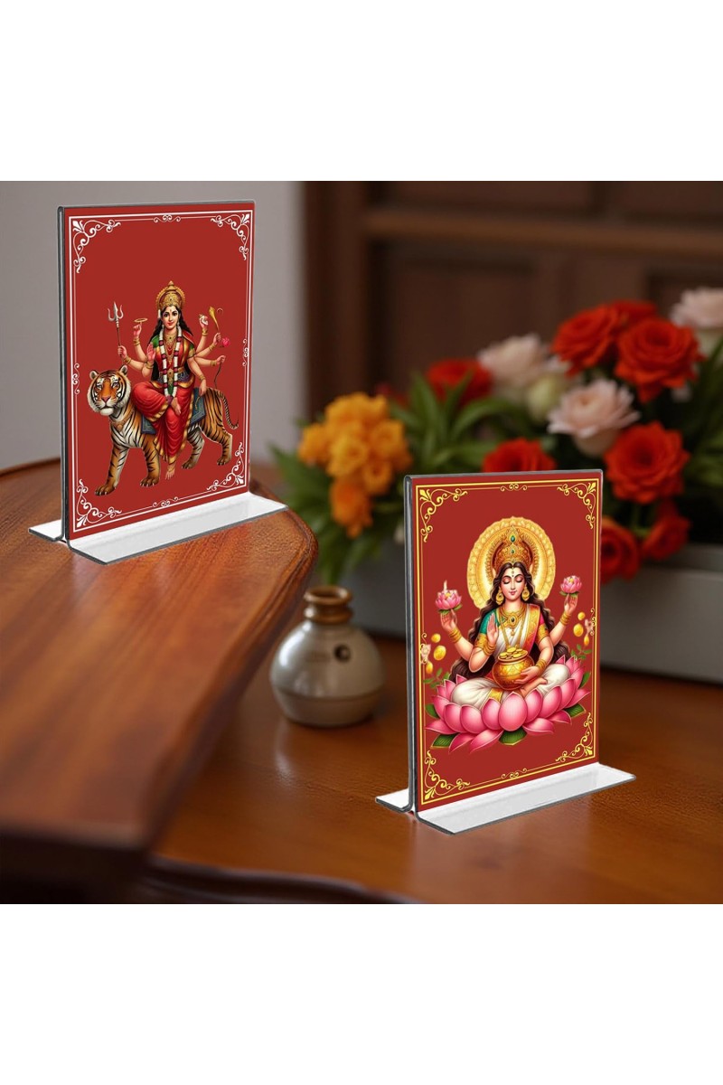 Debi Lakshmi & Debi Durga Acrylic T-Style Photo Stand, Compact and Stylish Spiritual Display, easily change 2 photos (Pack of 1)