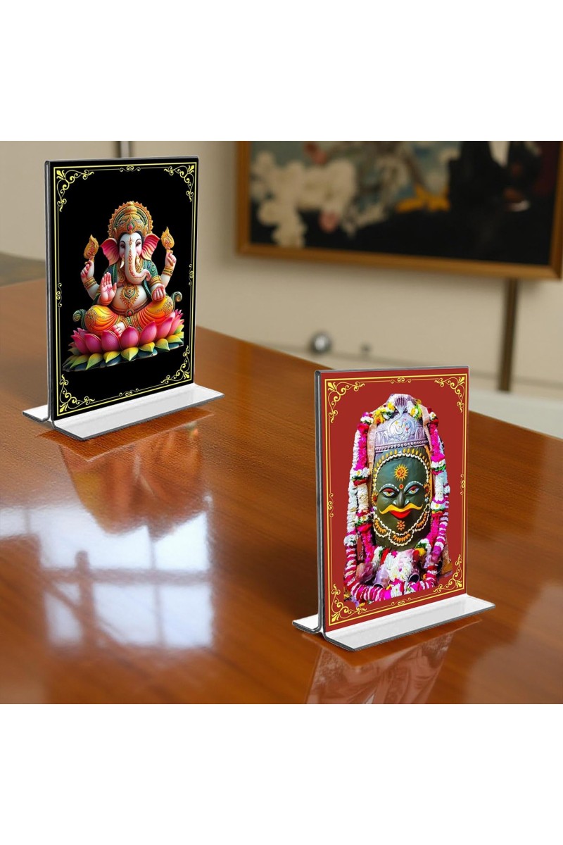Sri Ganesh & Lord Shiva Lingam Acrylic T-Style Photo Stand - 5x7 Inches, Compact and Stylish Spiritual Display, easily change 2 photos (Pack of 1)