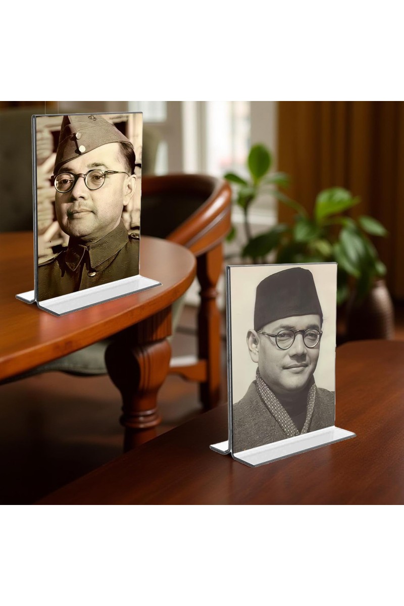 Netaji Subhas Chandra Bose Acrylic T-Style Photo Stand - 9x11 Inches, Compact and Stylish Spiritual Display, easily change 2 photos (Pack of 1)