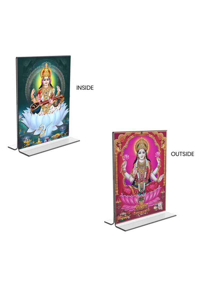 Debi Saraswati & Debi Lakshmi Acrylic T-Style Photo Stand - 11x13 Inches, Compact and Stylish Spiritual Display, easily change 2 photos (Pack of 1)