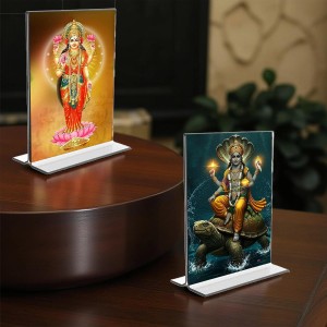 Lord Vishnu & Baba Lakhsmi Acrylic T-Style Photo Stand, Compact and Stylish Spiritual Display, easily change 2 photos (Pack of 1) Lord Vishnu & Baba Lakhsmi Acrylic T-Style Photo Stand, Compact and Stylish Spiritual Display, easily change 2 photos (Pack of 1)