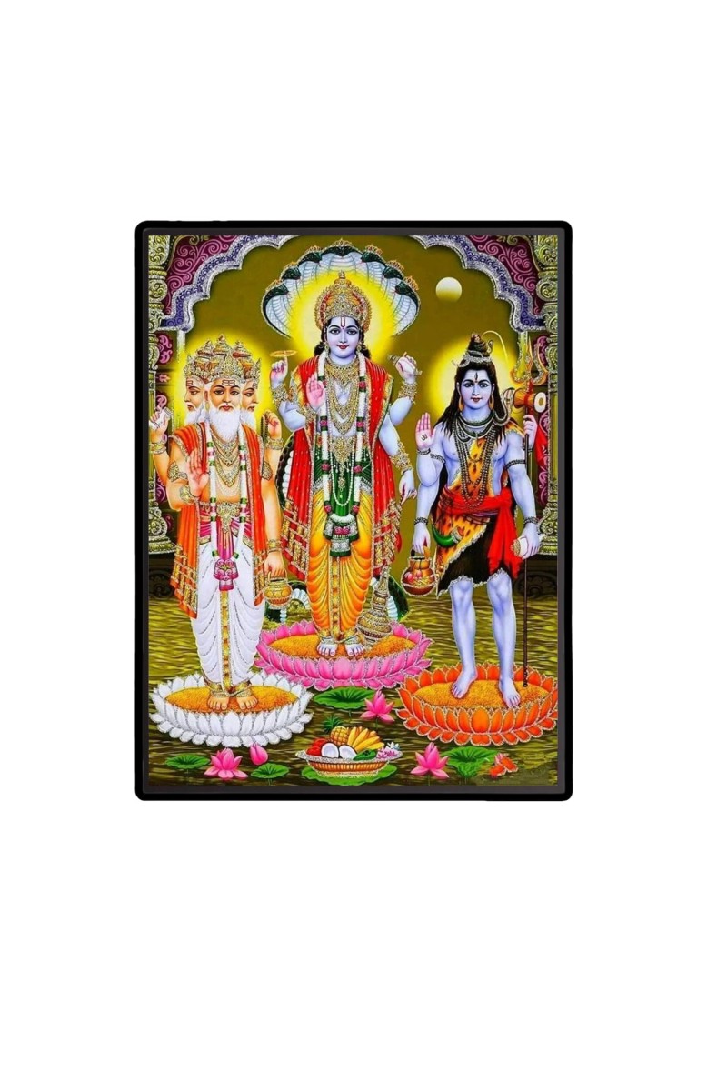 Brahma Vishnu Shiva Laminated Photo - 9x11 Inches, Divine Blessings for Home & Office and Temple Decoration