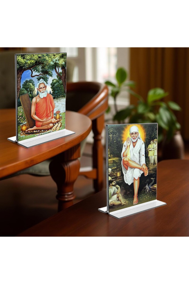 Lokenath Baba & Sai Baba Acrylic T-Style Photo Stand - 11x13 Inches, Compact and Stylish Spiritual Display, easily change 2 photos (Pack of 1)
