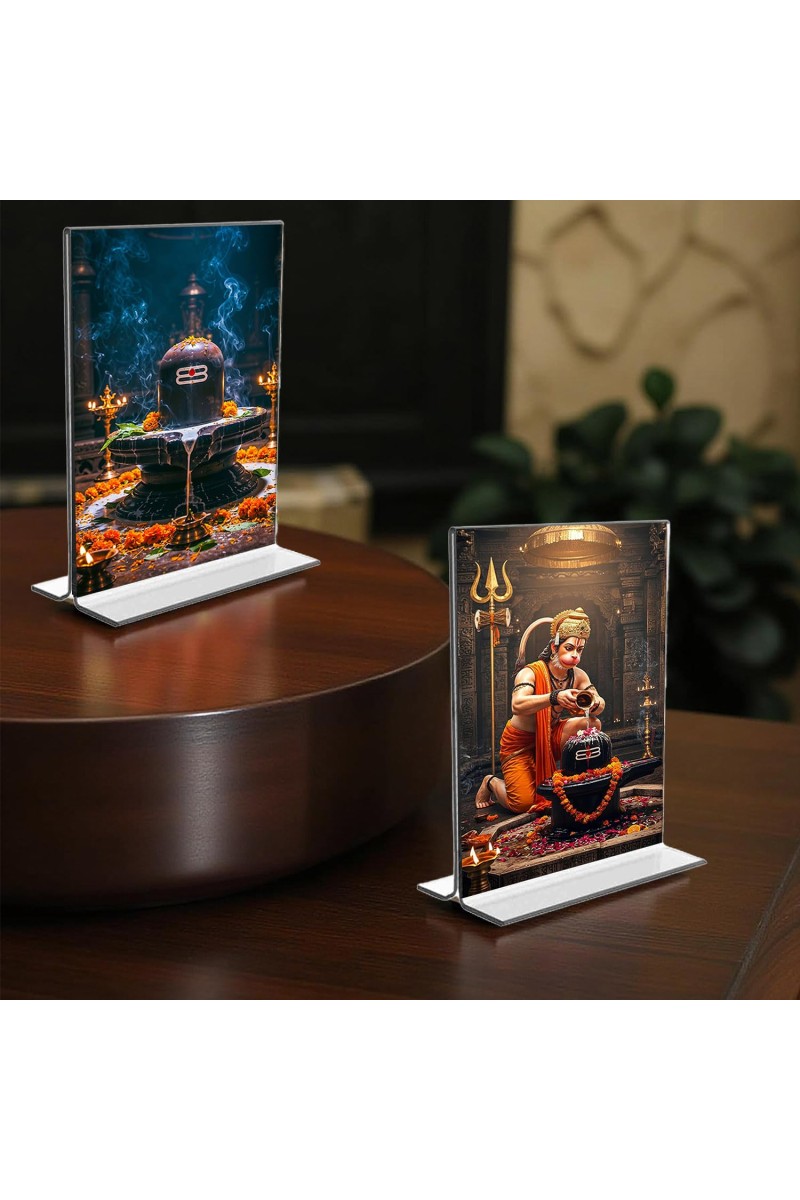 Sri Hanuman & Lord Shiva Lingam Acrylic T-Style Photo Stand - 7x9 Inches, Compact and Stylish Spiritual Display, easily change 2 photos (Pack of 1)