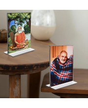 Debi Lokenath Baba & Neem Karoli Baba Acrylic T-Style Photo Stand, Compact and Stylish Spiritual Display, easily change 2 photos (Pack of 1)