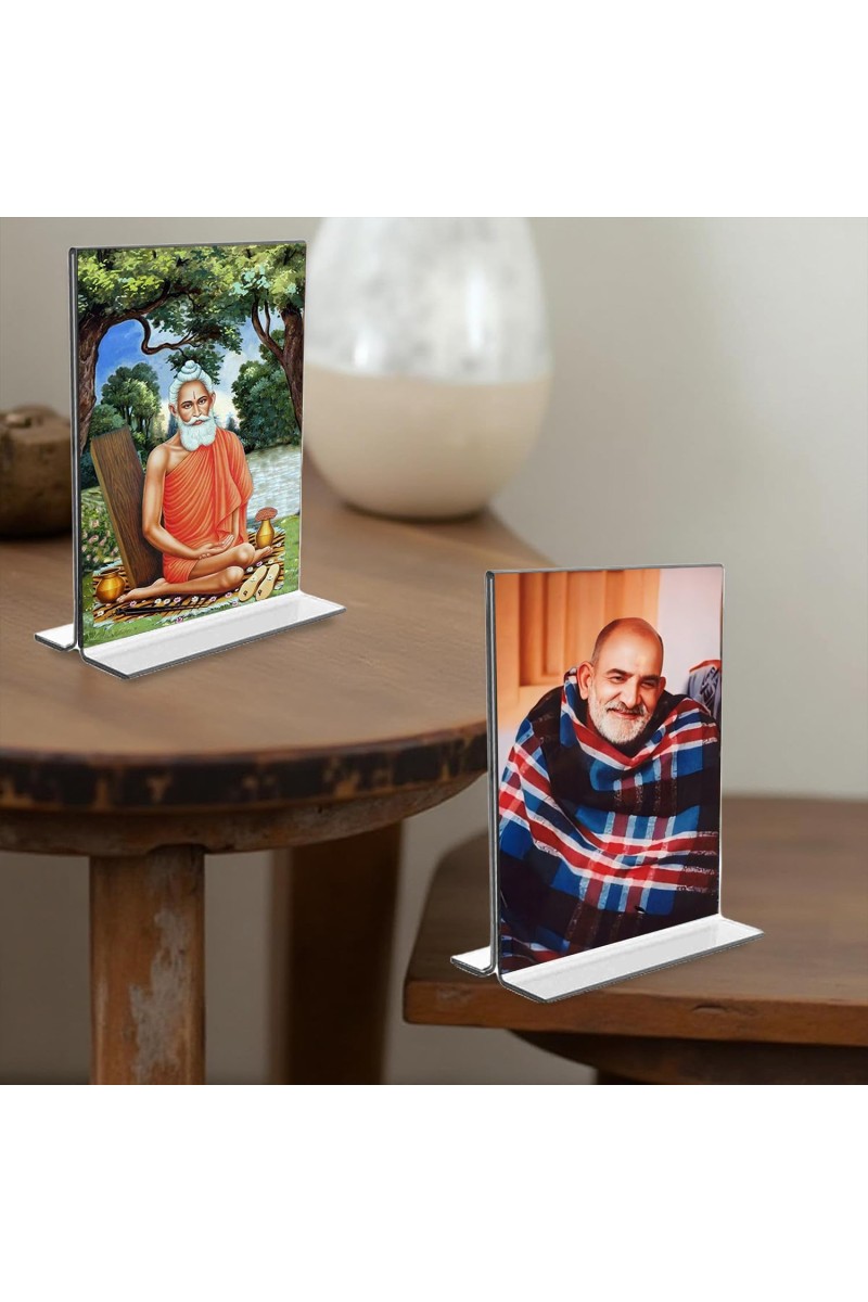 Debi Lokenath Baba & Neem Karoli Baba Acrylic T-Style Photo Stand, Compact and Stylish Spiritual Display, easily change 2 photos (Pack of 1)