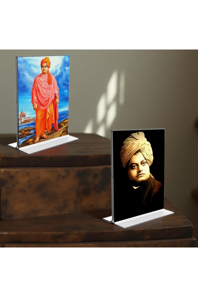 Swami Vivekananda Acrylic T-Style Photo Stand - 5x7 Inches, Compact and Stylish Spiritual Display, easily change 2 photos (Pack of 1)