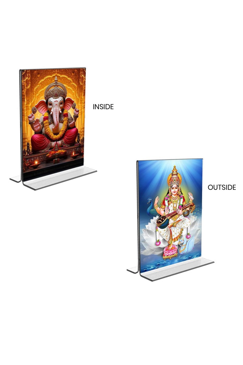 Sri Ganesh & Debi Saraswati Acrylic T-Style Photo Stand, Compact and Stylish Spiritual Display, easily change 2 photos (Pack of 1)