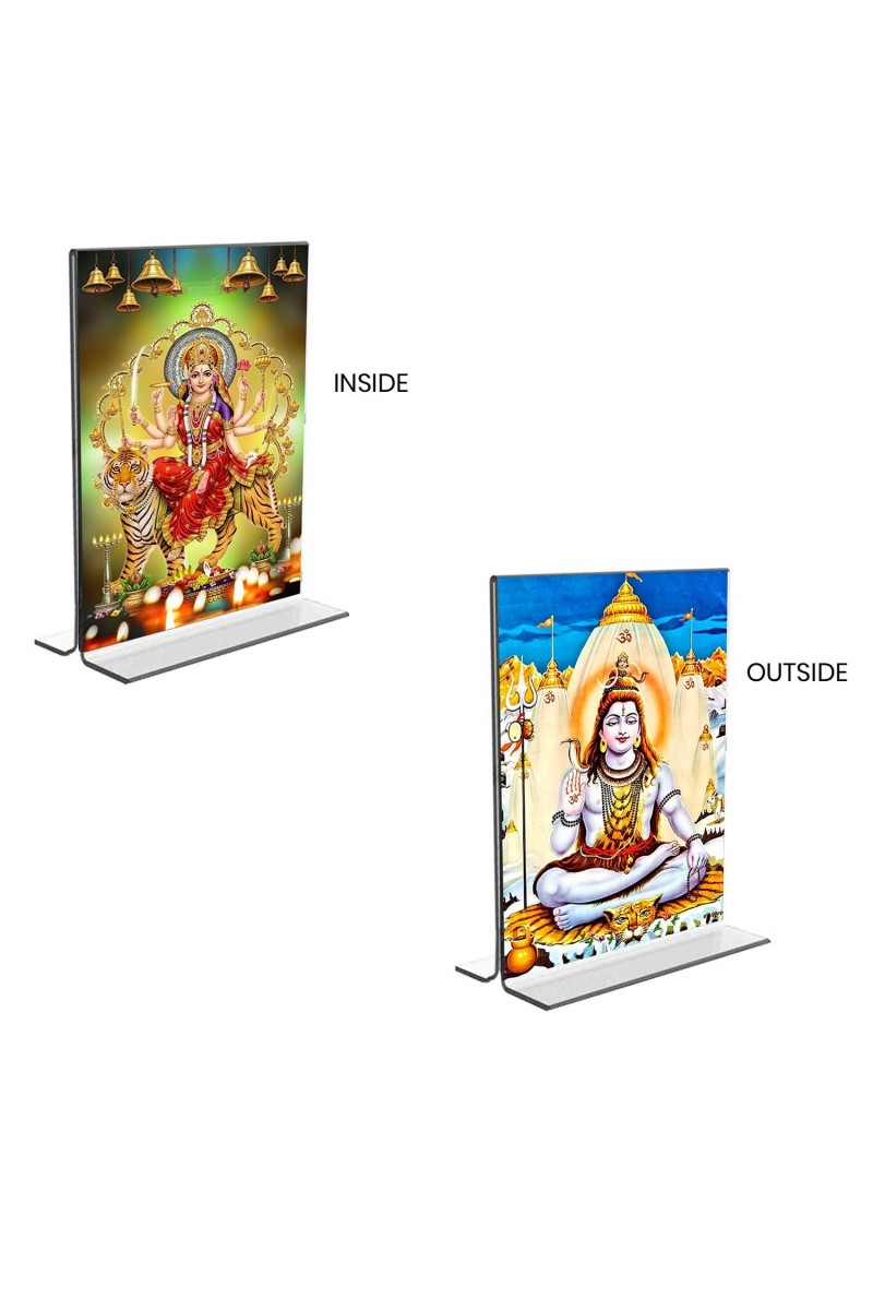 Lord Shiva & Lord Durga Acrylic T-Style Photo Stand - 7x9 Inches, Compact and Stylish Spiritual Display, easily change 2 photos (Pack of 1)