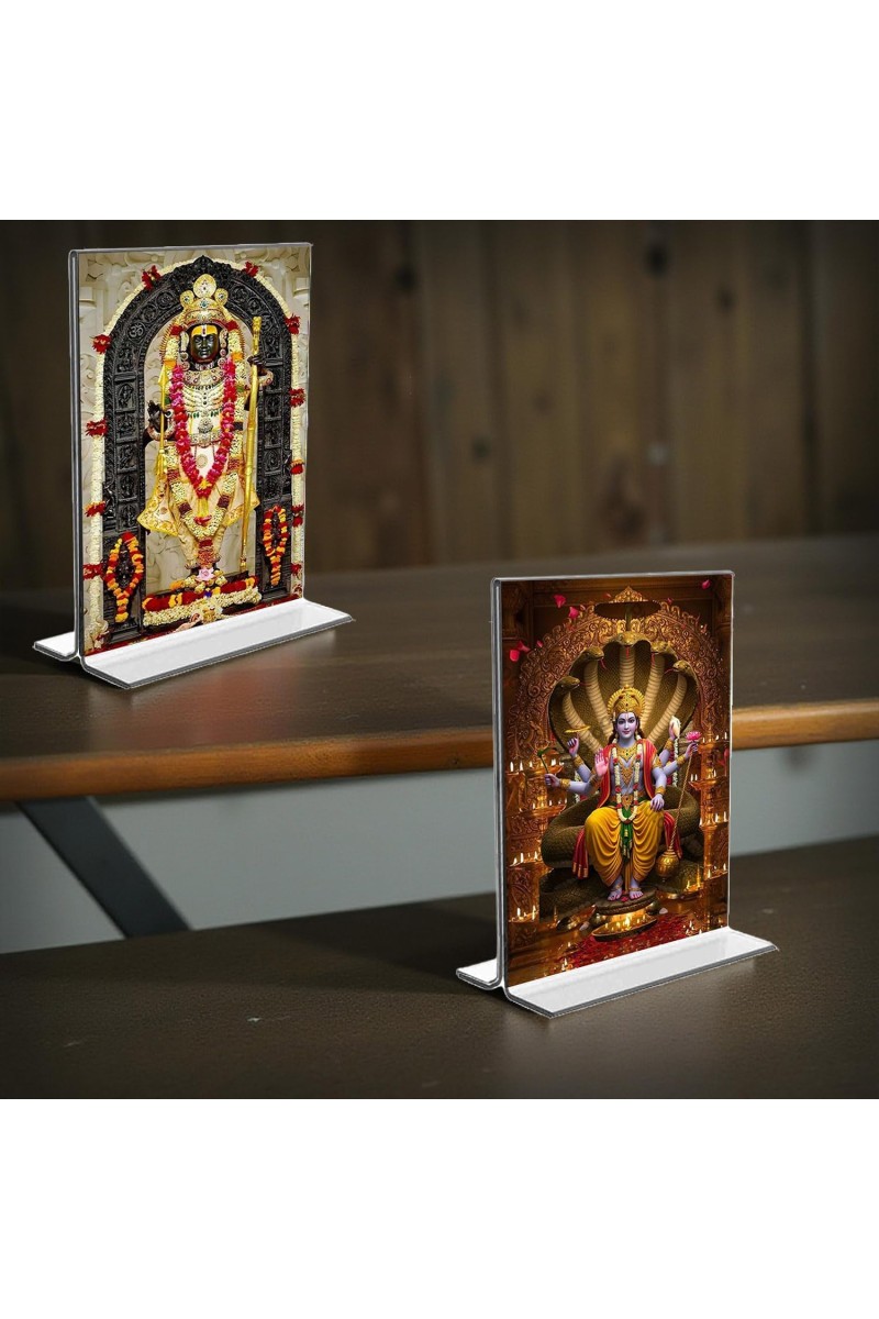 Sri Ram Lalla & Lord Vishnu Acrylic T-Style Photo Stand, Compact and Stylish Spiritual Display, easily change 2 photos (Pack of 1)