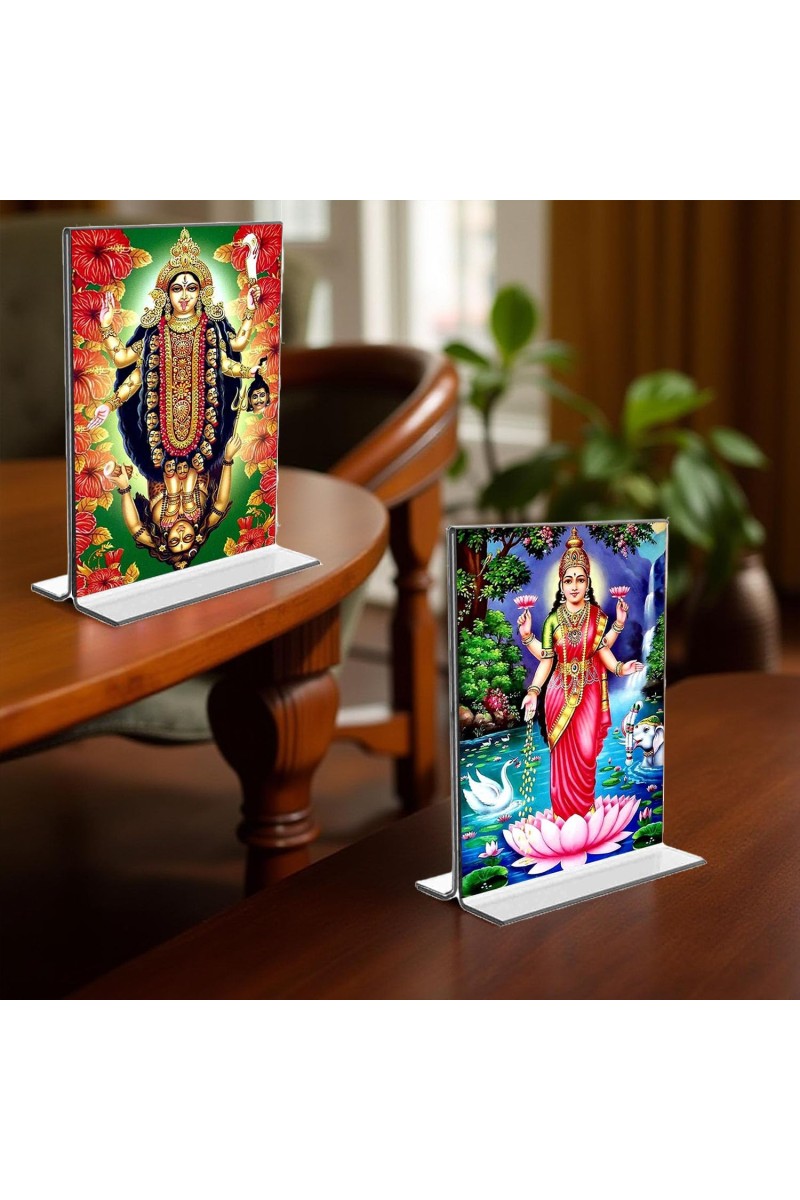Debi Kali & Debi Lakshmi Acrylic T-Style Photo Stand - 7x9 Inches, Compact and Stylish Spiritual Display, easily change 2 photos (Pack of 1)