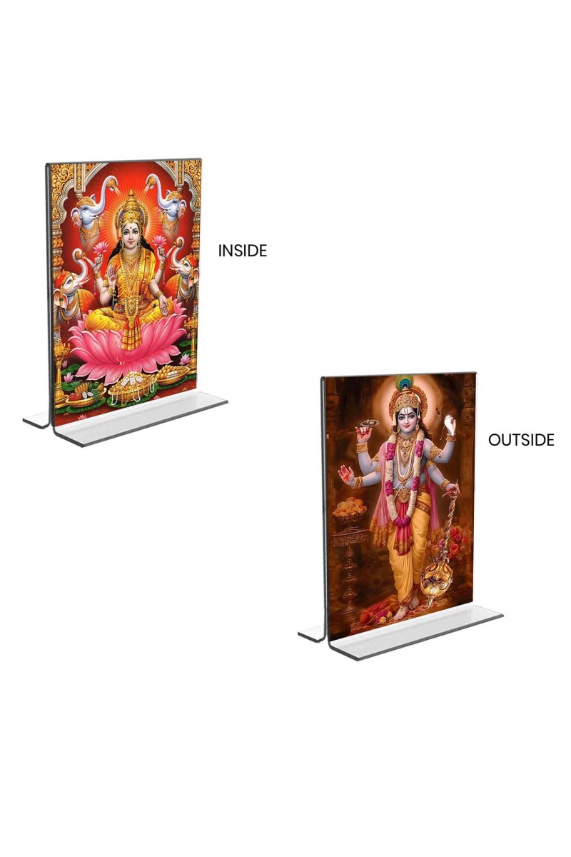 Debi Lakshmi Lord Narayan Acrylic T-Style Photo Stand, Compact and Stylish Spiritual Display, easily change 2 photos (Pack of 1)