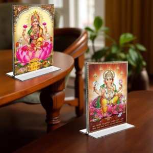 Car Desk/Table Top Maa Lakshmi & Sri Ganesh Acrylic T-Style Photo Stand - 2.5x3.5 Inches, Compact and Stylish Spiritual Display, easily change 2 photos (Pack of 1)