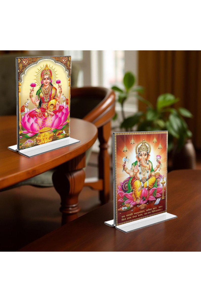Debi Lakshmi & Sri Ganesh Acrylic T-Style Photo Stand - 5x7 Inches, Compact and Stylish Spiritual Display, easily change 2 photos (Pack of 1)