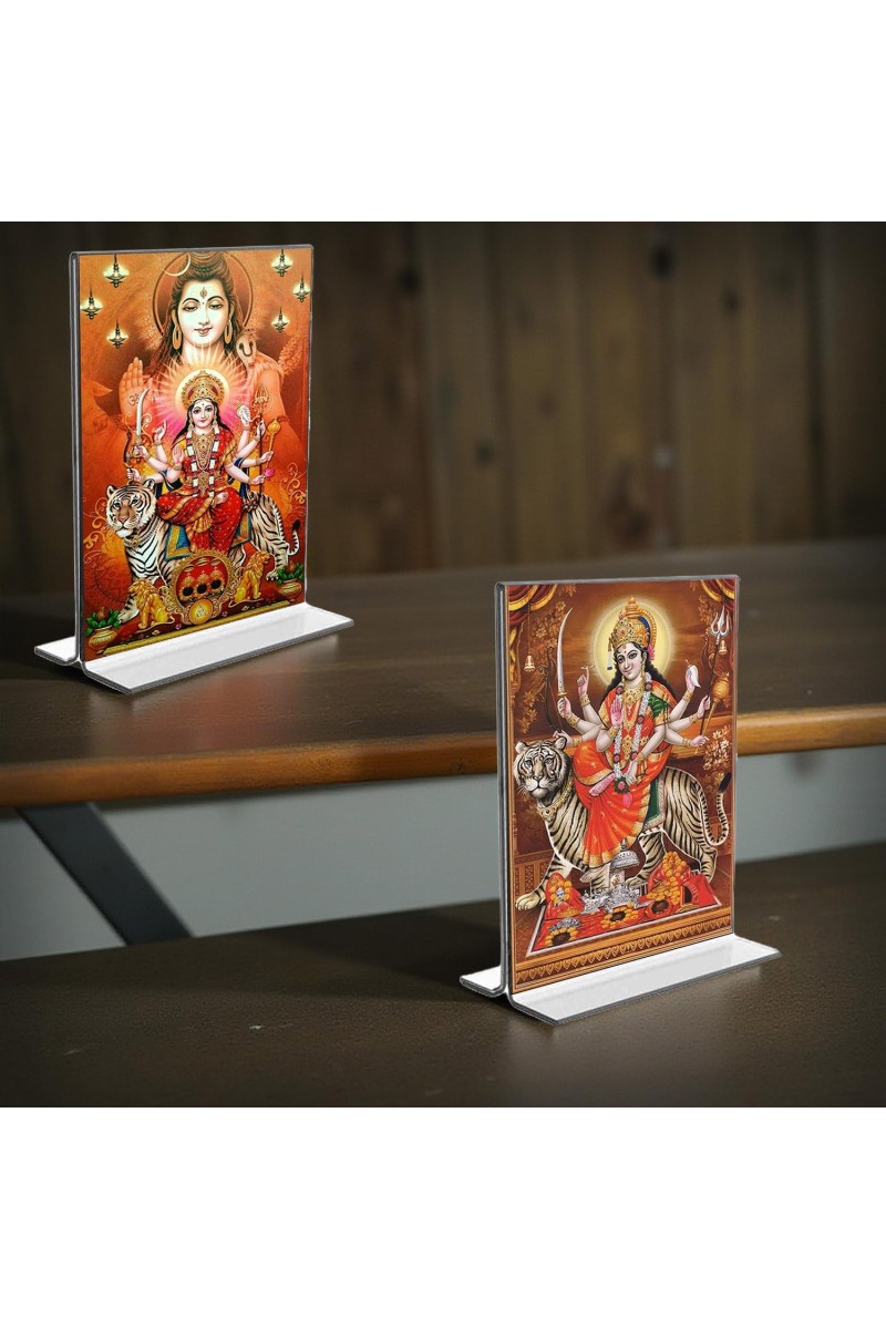 Lord Shiva & Lord Durga Acrylic T-Style Photo Stand - 7x9 Inches, Compact and Stylish Spiritual Display, easily change 2 photos (Pack of 1)