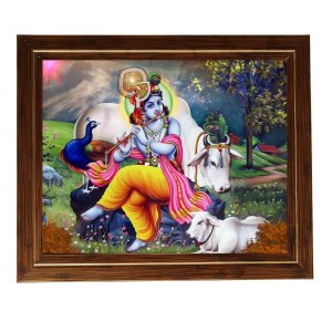 Hitech Sales Lord Sri Krishna Photo Frame for Pooja Room, Temple Decor, Home Decoration and Gift (Wall and Tabletop, Rectangular, Printed Photo, 12 x 14 inches Frame, Brown)