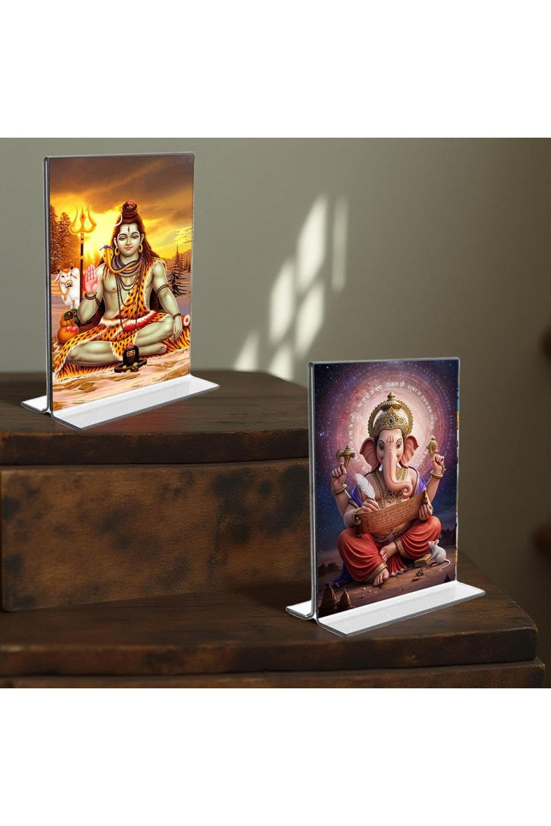 Lord Shiva & Lord Ganesh Acrylic T-Style Photo Stand - 7x9 Inches, Compact and Stylish Spiritual Display, easily change 2 photos (Pack of 1)