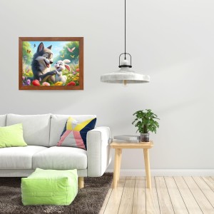 AI Funny Cute Dog and Rabbit Art Picture for Kids - 10x14 inches, Brown Color - Perfect Wall Decor for Children's Room