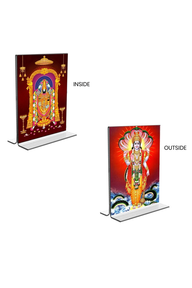 Lord Tirupati Balaji & Lord Vishnu Acrylic T-Style Photo Stand, Compact and Stylish Spiritual Display, easily change 2 photos (Pack of 1)