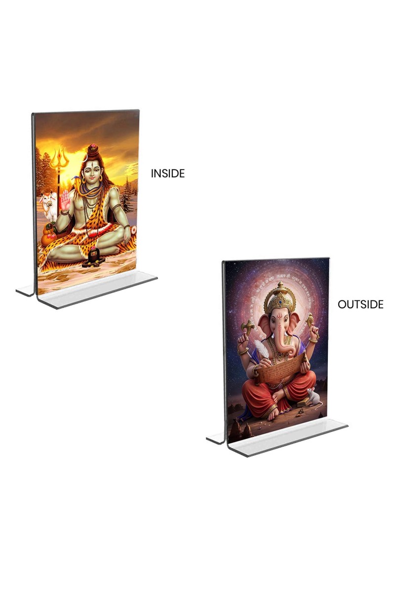 Lord Shiva & Lord Ganesh Acrylic T-Style Photo Stand - 5x7 Inches, Compact and Stylish Spiritual Display, easily change 2 photos (Pack of 1)