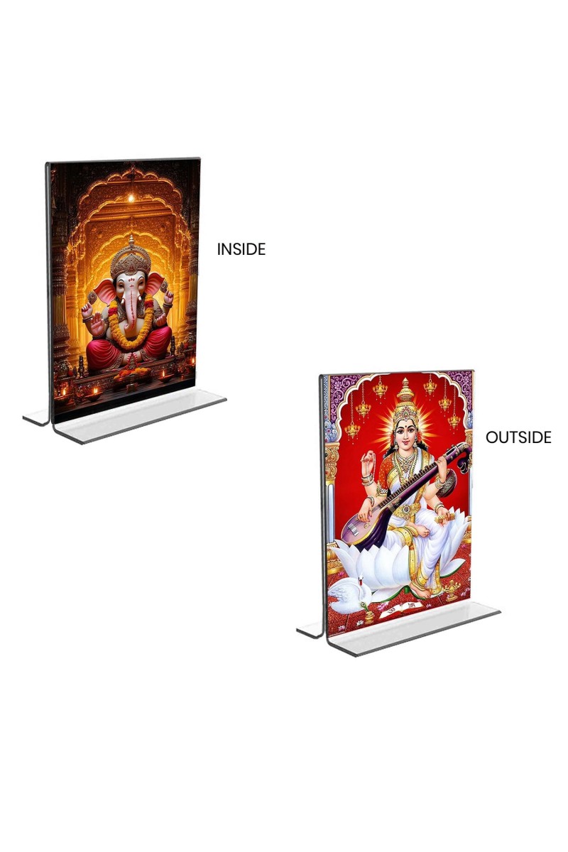 Sri Ganesh & Debi Saraswati Acrylic T-Style Photo Stand - 9x11 Inches, Compact and Stylish Spiritual Display, easily change 2 photos (Pack of 1)