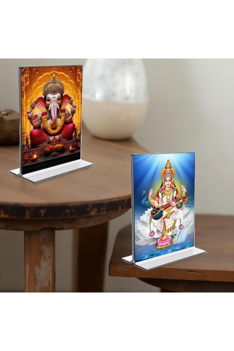 Sri Ganesh & Debi Saraswati Acrylic T-Style Photo Stand, Compact and Stylish Spiritual Display, easily change 2 photos (Pack of 1)