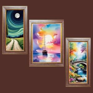 3-Pack Moonlight Over Mountains painting Photo Frames - 2 Pieces 14x21 Inch & 1 Piece 18x21 Inch - Rustic Wall Art for Home & Office Decor - Botanical Wall Hanging for Living Room, Bedroom, or W