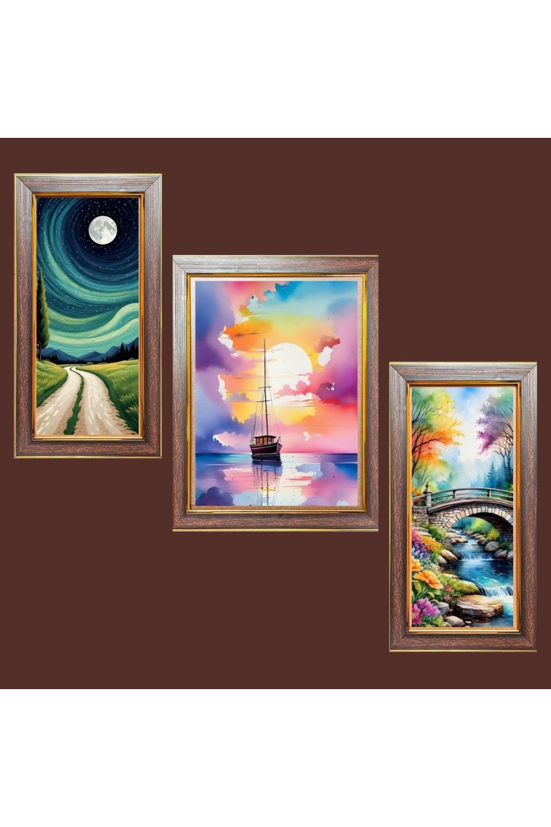 3-Pack Moonlight Over Mountains painting Photo Frames - 2 Pieces 6x13 Inch & 1 Piece 10x13 Inch - Rustic Wall Art for Home & Office Decor - Botanical Wall Hanging for Living Room, Bedroom, or Wo