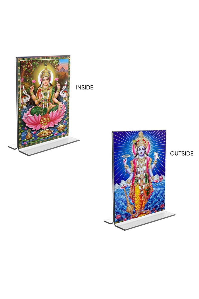 Lord Vishnu & Debi Lakhsmi Acrylic T-Style Photo Stand - 5x7 Inches, Compact and Stylish Spiritual Display, easily change 2 photos (Pack of 1)