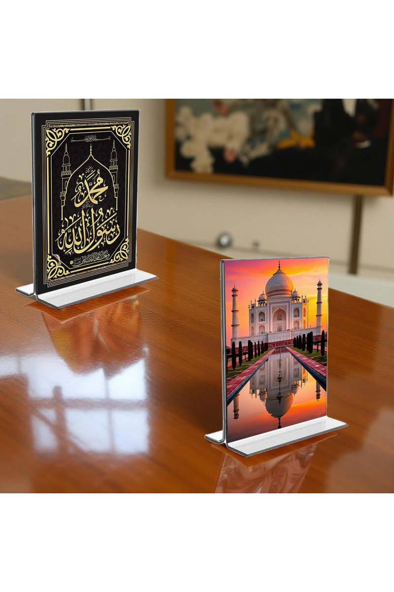 Islamic Allah & Taj Mahal Acrylic T-Style Photo Stand - 7x9 Inches, Compact and Stylish Spiritual Display, easily change 2 photos (Pack of 1)