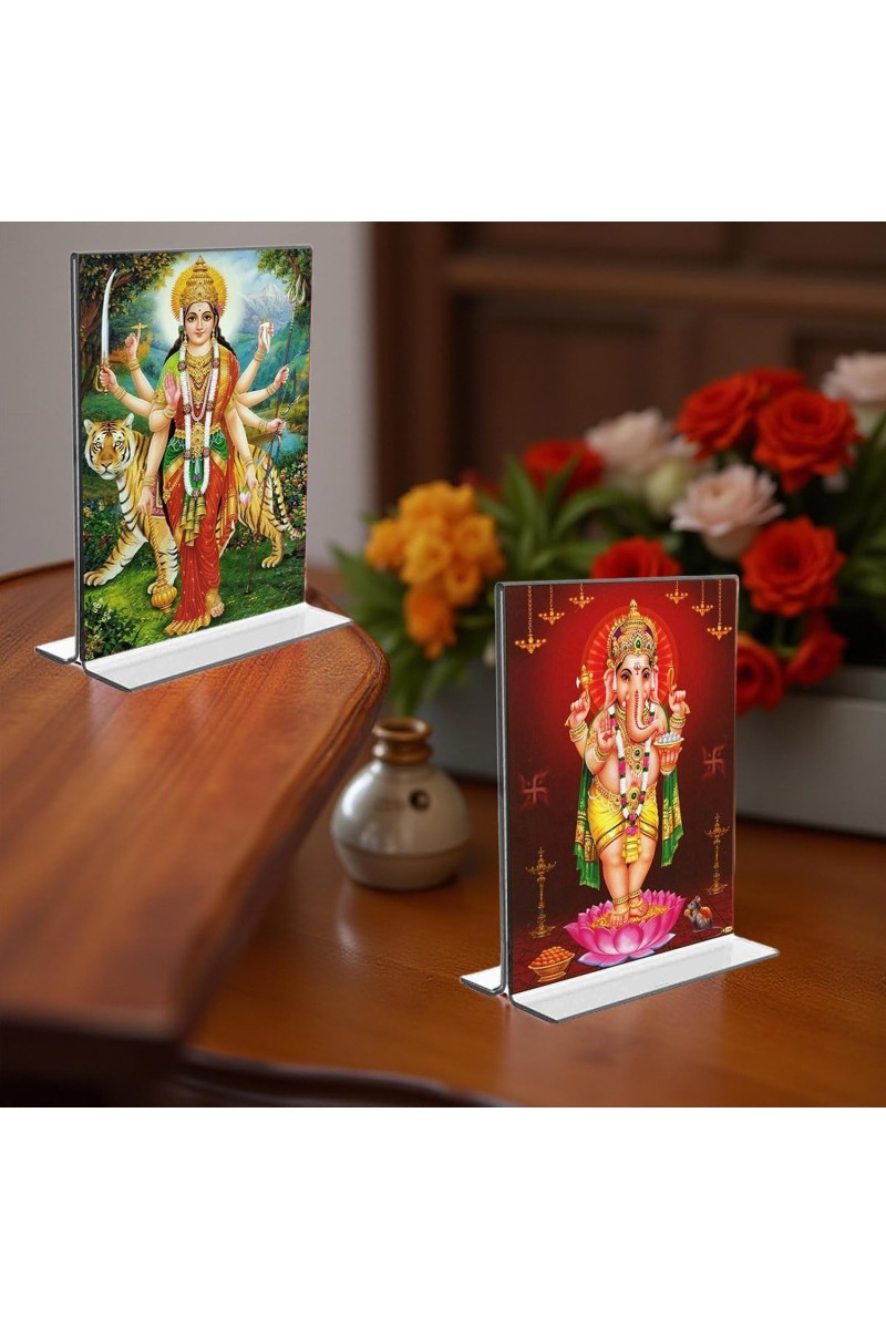 Lord Ganesh & Debi Durga Acrylic T-Style Photo Stand, Compact and Stylish Spiritual Display, easily change 2 photos (Pack of 1)