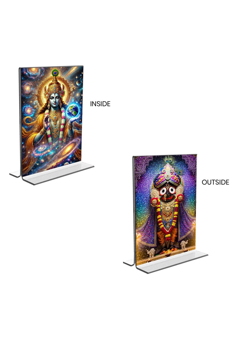 Lord Vishnu & Lord Jagannath Acrylic T-Style Photo Stand - 11x13 Inches, Compact and Stylish Spiritual Display, easily change 2 photos (Pack of 1)