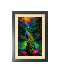 The colorful peacock Photo Frame Funny Animal and Bird Cartoon Art, Black color, 11x15 Inch