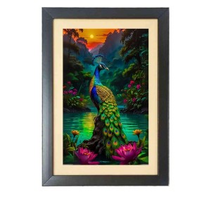 The colorful peacock Photo Frame Funny Animal and Bird Cartoon Art, Black color, 11x15 Inch
