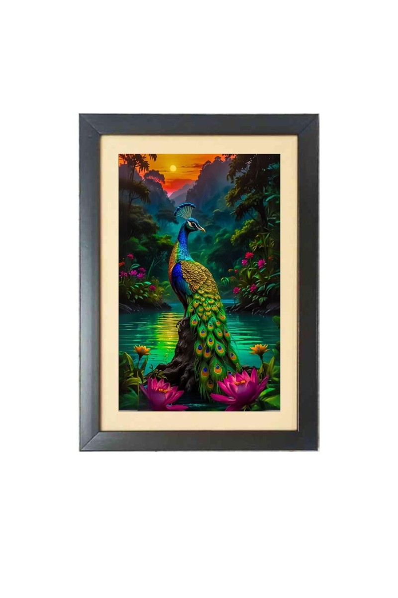The colorful peacock Photo Frame Funny Animal and Bird Cartoon Art, Black color, 11x15 Inch