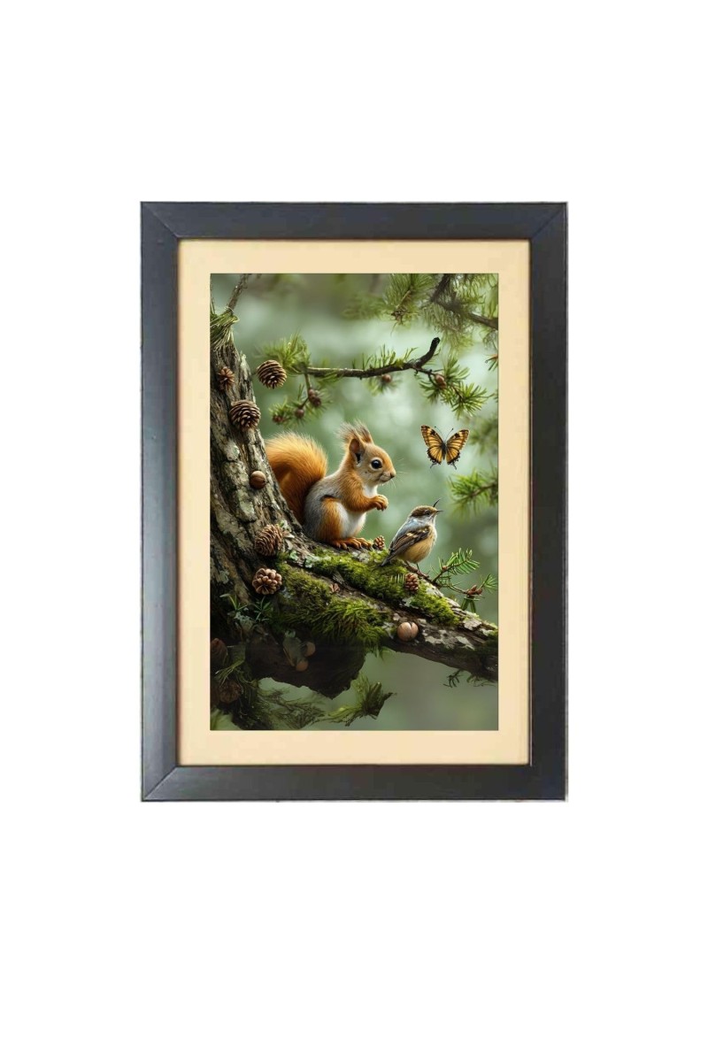 The squirrel and the bird and the butterfly Black Photo Frame Funny Animal and Bird Cartoon Art