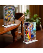 Sri Radha Sri Krishna Acrylic T-Style Photo Stand - 11x13 Inches, Compact and Stylish Spiritual Display, easily change 2 photos (Pack of 1)