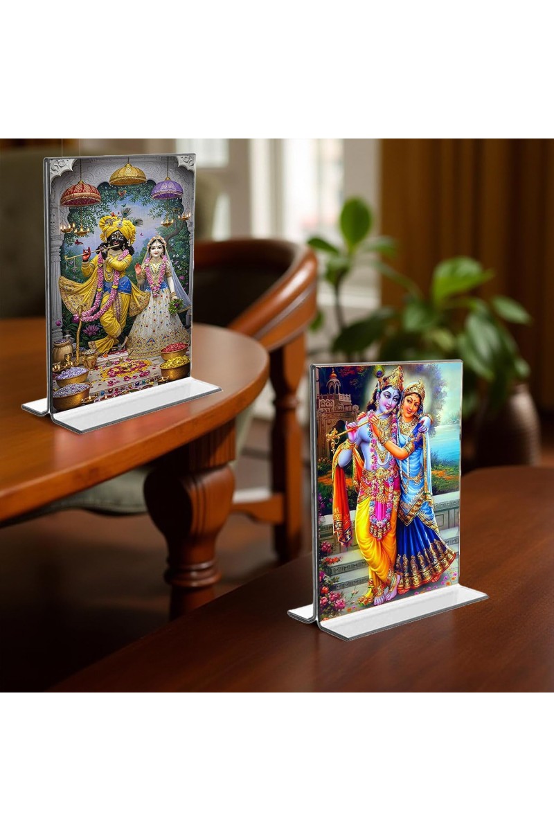 Sri Radha Sri Krishna Acrylic T-Style Photo Stand - 7x9 Inches, Compact and Stylish Spiritual Display, easily change 2 photos (Pack of 1)
