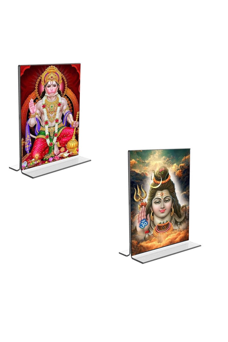Car Desk/Table Top Lord Shiva & Sri Hanuman Acrylic T-Style Photo Stand - 2.5x3.5 Inches, Compact and Stylish Spiritual Display, easily change 2 photos (Pack of 1)
