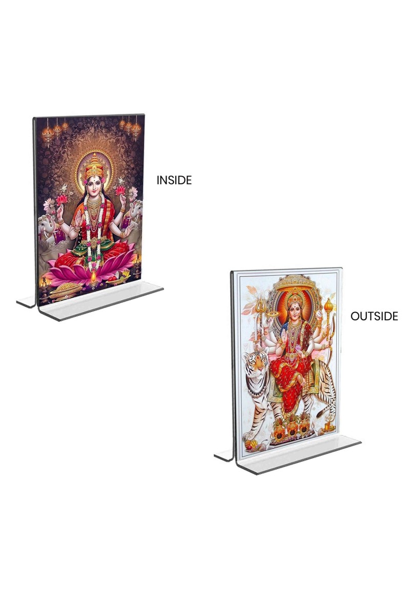 Debi Lakshmi & Debi Durga Acrylic T-Style Photo Stand, Compact and Stylish Spiritual Display, easily change 2 photos (Pack of 1)