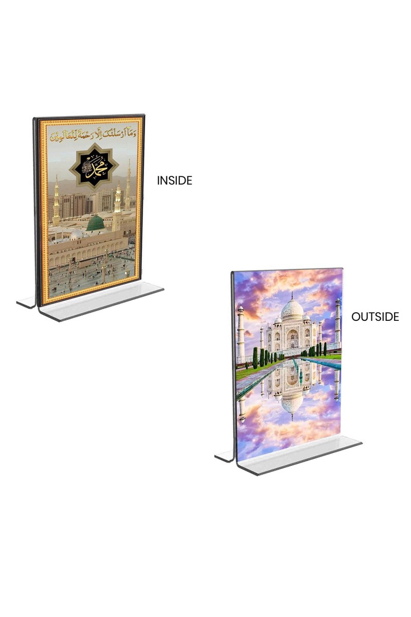 Taj Mahal & Mecca Madina Acrylic T-Style Photo Stand - 11x13 Inches, Compact and Stylish Spiritual Display, easily change 2 photos (Pack of 1)