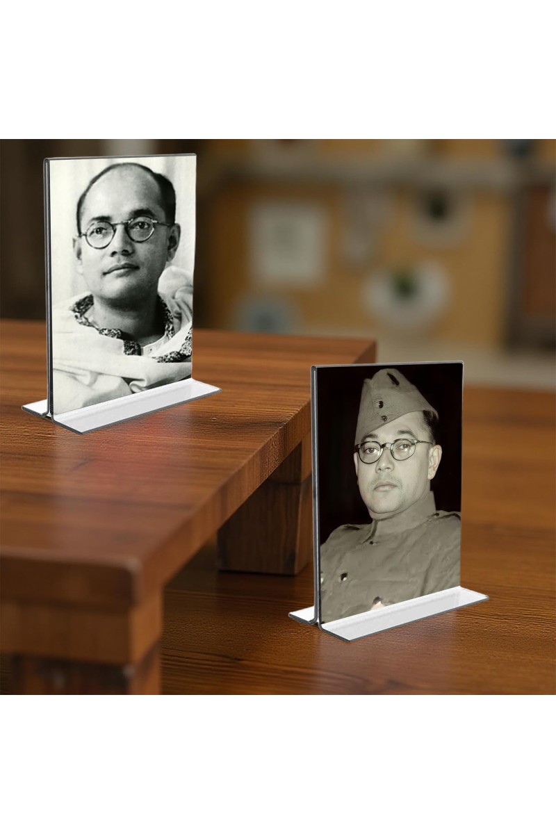 Netaji Subhas Chandra Bose Acrylic T-Style Photo Stand - 11x13 Inches, Compact and Stylish Spiritual Display, easily change 2 photos (Pack of 1)