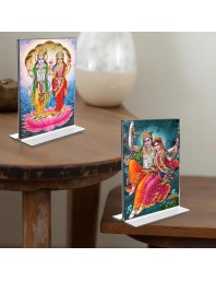 Sri Lakshmi Narayan & Sri Radha Krishna Acrylic T-Style Photo Stand - 5x7 Inches, Compact and Stylish Spiritual Display, easily change 2 photos (Pack of 1)