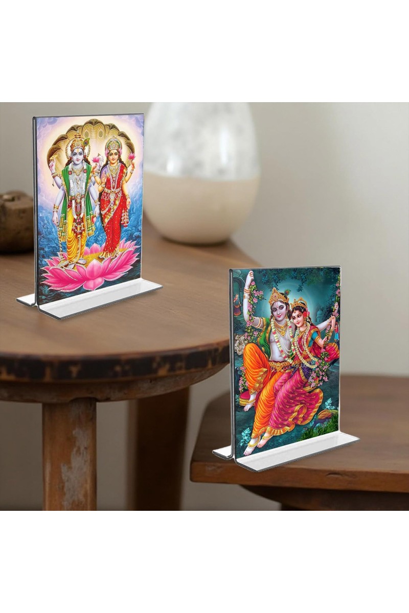 Sri Lakshmi Narayan & Sri Radha Krishna Acrylic T-Style Photo Stand - 5x7 Inches, Compact and Stylish Spiritual Display, easily change 2 photos (Pack of 1)